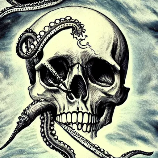 Image similar to skull of a pirate with tentacles protruding out of it's eye socket at the bottom of the ocean photo realistic