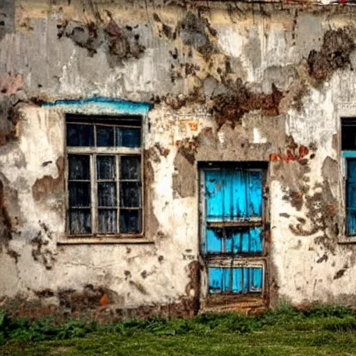 Image similar to fantastic painting intact on wall of a dilapidated war torn house