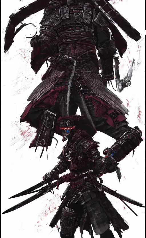 Image similar to a portrait of cyberpunk samurai with double sword, bloodborne concept art, detailed, gorgeous lighting