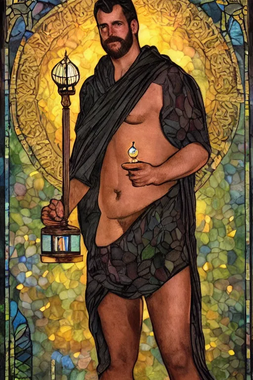 Prompt: a beautiful tarot card painting of a shirtless handsome beefy cowboy holding a lantern | dark tela cloak, dad bod, homoerotic, art deco, art nouveau | by louis comfort tiffany | trending on artstation