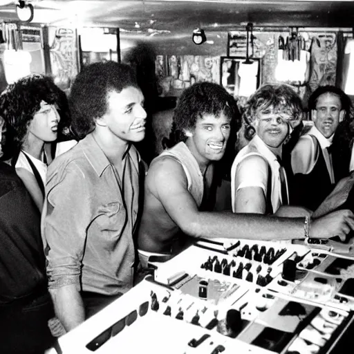 Prompt: photo of homoerectus as dj and bartender in 8 0 s disco club. they look at the camera and smile. in crowded pub