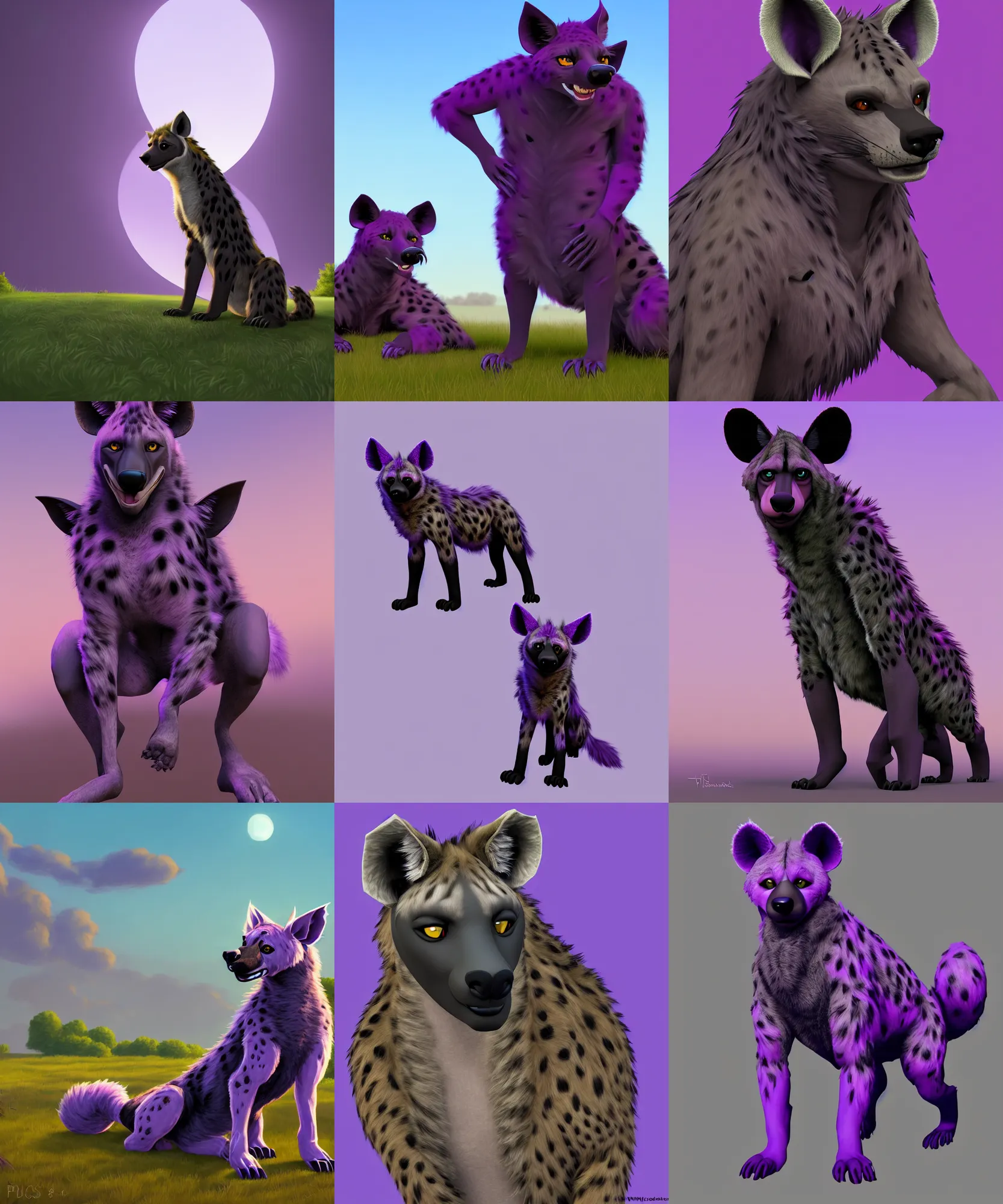 Prompt: idyllic, a full - body centered front - perspective furry male fursona portrait, a male hyena fursona, purple and black fur color scheme, idyllic setting with natural background, trending on weasyl, painted in zbrush, high - resolution, godrays, photorealistic