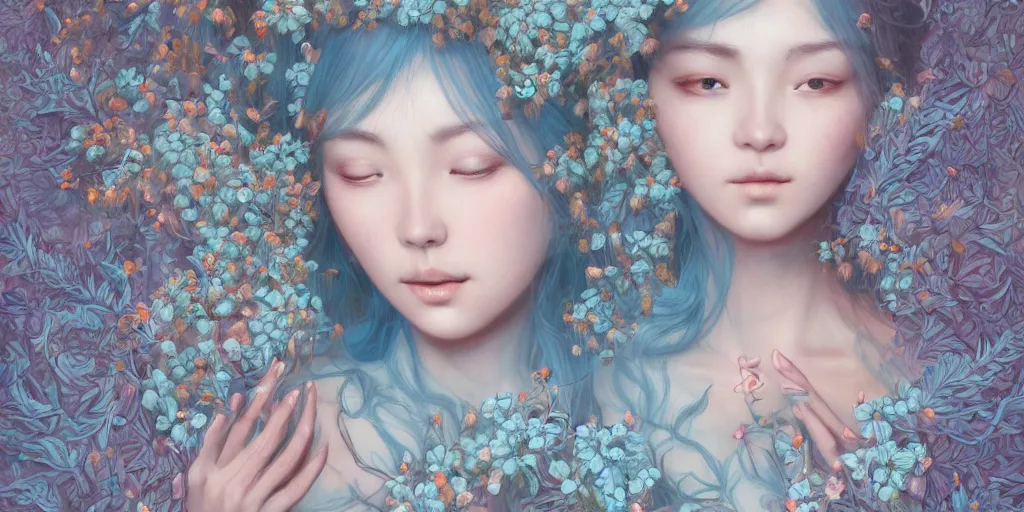 Prompt: breathtaking detailed concept art painting portrait of the hugs goddess of light blue flowers, saint, with anxious piercing eyes, ornate background, amalgamation of leaves and flowers, by hsiao - ron cheng, extremely moody lighting, 8 k