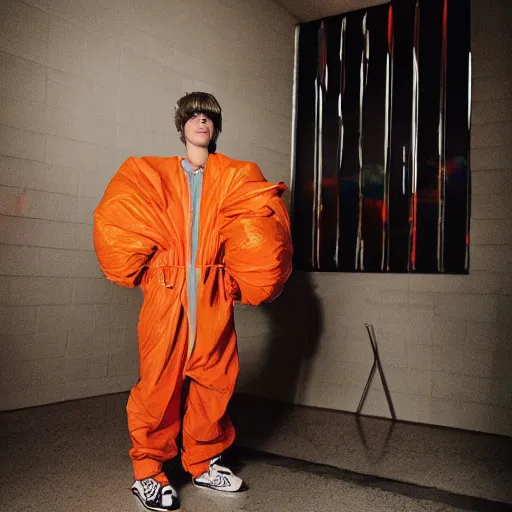 Image similar to the 2 0 2 2 award winning photo of justin bieber wearing a trash bag, cinematic, atmospheric, vivid, colorful, orange & teal, susan worsham photograph