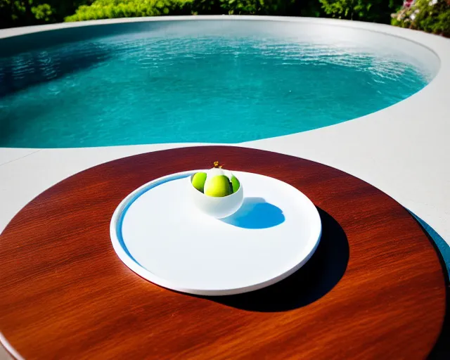 Prompt: 5 5 mm photo of wineglass on a zen minimalist round white table with gorgeous pool in the background. highly detailed 8 k. intricate. lifelike. soft light,