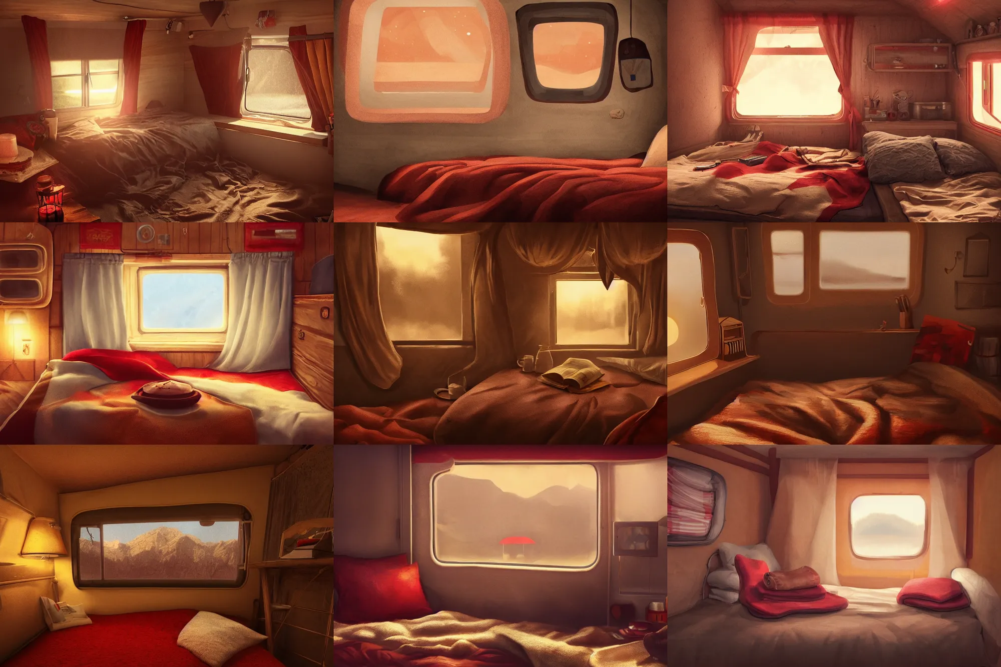 Prompt: small camper interior, bed with blankets, pillows, red and brown interior, golden hour, western, dust, nostalgic, godrays, soft lighting, digital art, cozy, highly detailed, trending on artstation