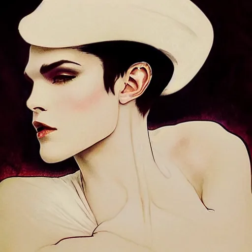 Image similar to beautiful portrait of androgynous ruby rose as desire from sandman in a white tuxedo!!!, rockabilly style, by alphonse mucha, cedric peyravernay, by jeremy mann, by frank moth, white suit and black tie, soft lightning, high detailed, 8 k