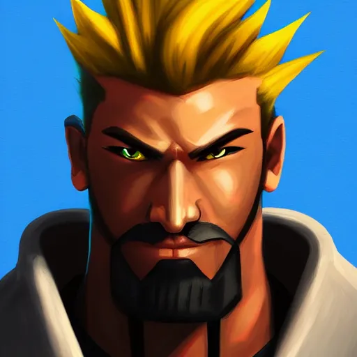 Prompt: portrait painting of Barret Wallace from FFVII as Overwatch character, medium shot, asymmetrical, profile picture, Organic Painting, sunny day, Matte Painting, bold shapes, hard edges, street art, trending on artstation