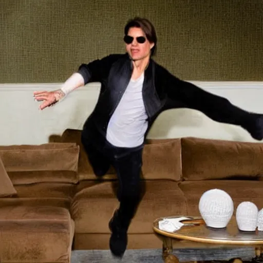 Image similar to tom cruise, 200 years old, jumping on a sofa