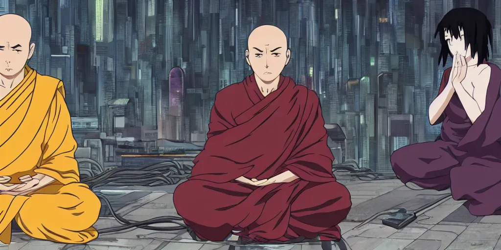 Prompt: a buddhist monk meditating connected to cables in Ghost in the Shell anime, anime style
