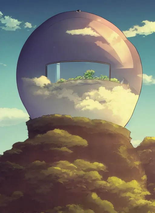 Image similar to an asymmetrical cell - shaded studio ghibli concept art study of a dark cube inside a transparent bubble in the sky. wide shot, very dull colors, hd, 4 k, hq