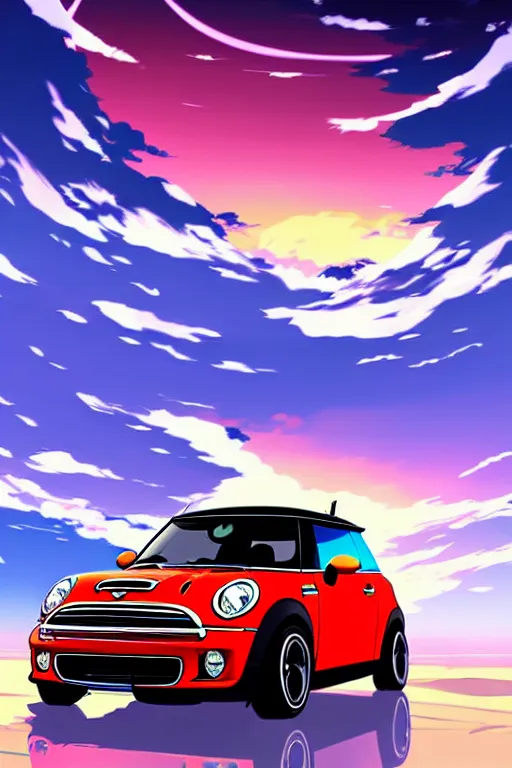 Prompt: anime art vehicle concept art, anime key visual of mini cooper s, at sunset at a beach, trending on pixiv fanbox, studio ghibli, extremely high quality artwork
