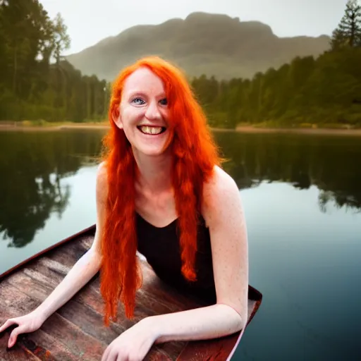 Image similar to tall beautiful red haired scottish woman, smiling on a raft in a lake, 4 k, early morning, mist, photorealism, professional photography