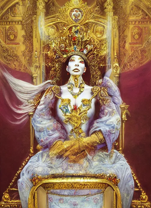 Prompt: oil painting of portait Queen of Ecstasy in a large throne room, Hungarian, by Yoshitaka Amano