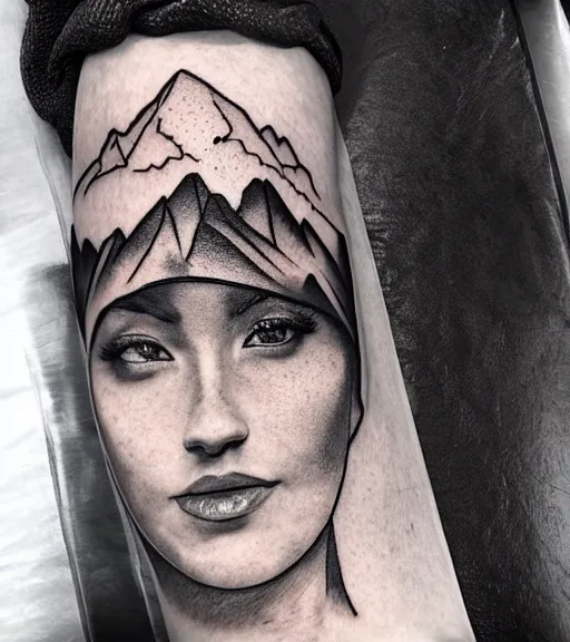 Prompt: double exposure of a hyper realistic mountain scenery with a beautiful woman face, tattoo design sketch, in the style of matteo pasqualin, hyper - realistic, amazing detail, black and white