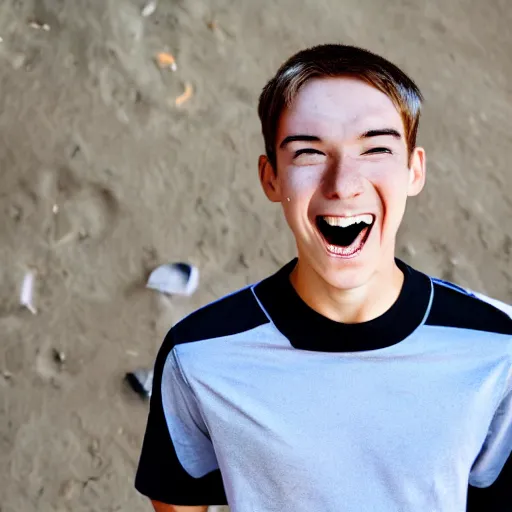 Prompt: a male cartoon teen lost in space with an evil grin and injuries wearing white shirt and short hair near a black hole