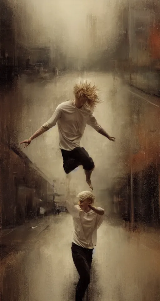 Prompt: painting of a beautiful pale androgynous blond man, dancing in the rain, by Jeremy Mann and Jason Jenicke, 70mm, cinematic, highly detailed, stylized, loose brush strokes, intricate, realistic, exaggerated lighting, dramatic lighting, sense of scale, sense of movement, sensual