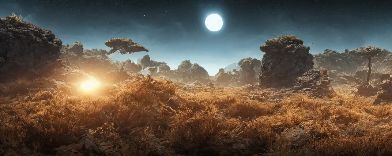 Image similar to ” outer planet with syrange alien vegetation, [ cinematic, detailed, epic, widescreen, opening, establishing, mattepainting, photorealistic, realistic textures, octane render ] ”