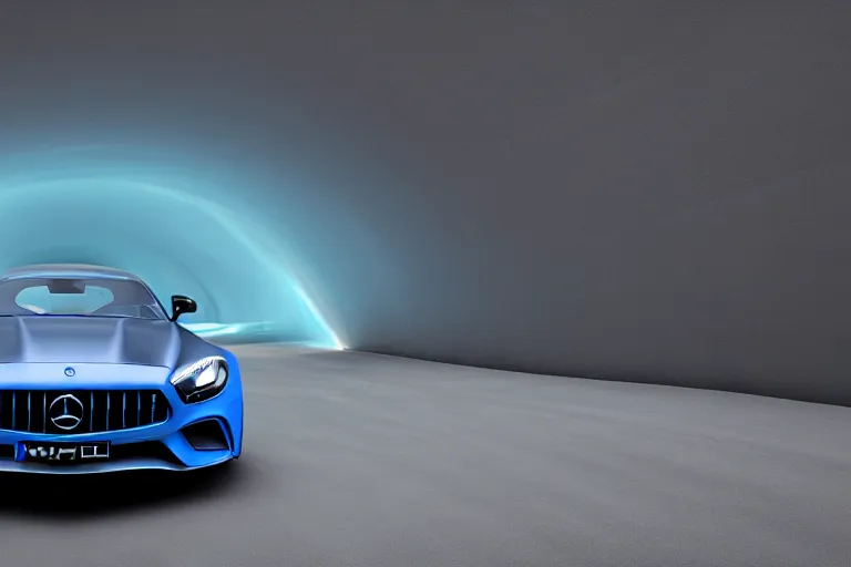 Image similar to matte blue AMG entering a portal into another dimension. photorealistic 35mm 4k