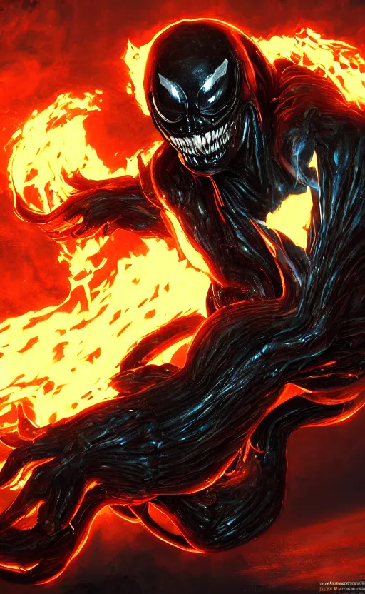 Image similar to venom as ghost rider, dynamic lighting, photorealistic fantasy concept art, trending on art station, stunning visuals, terrifying, creative, cinematic