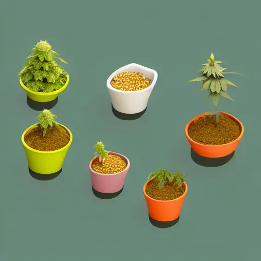 Prompt: isometric cute cartoon of minimalist seed shop cafe decorated a few cannabis leaf pots. by benoit mandelbrot, render pixar palette, low poly digital art artstation artgerm