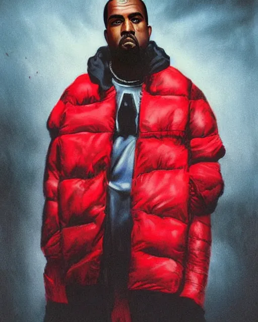 Image similar to kanye west in red puffer jacket, airbrush, drew struzan illustration art, key art, movie poster