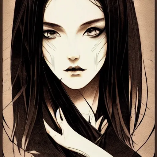 Image similar to tattoo design, stencil, beautiful young female, long dark hair, symmetrical facial features, Japanese, partially clothed in robe, by William-Adolphe Bouguerea and artgerm