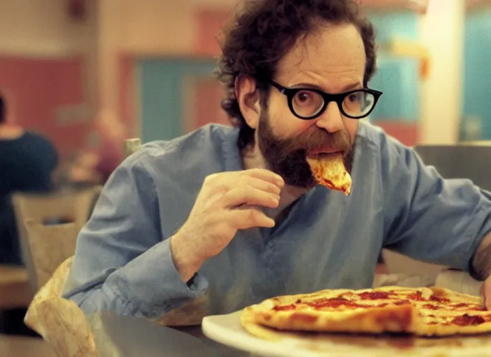 Prompt: cinematic screenshot portrait of charlie kaufman with a beard and glasses eating pizza at chuck - e - cheese with sloppy cheesy sauce all over the place, dramatic lighting, moody film still from being john malkovich ( 2 0 0 1 ), 3 5 mm kodak color stock, 2 4 mm lens, directed by spike jonze, ecktochrome