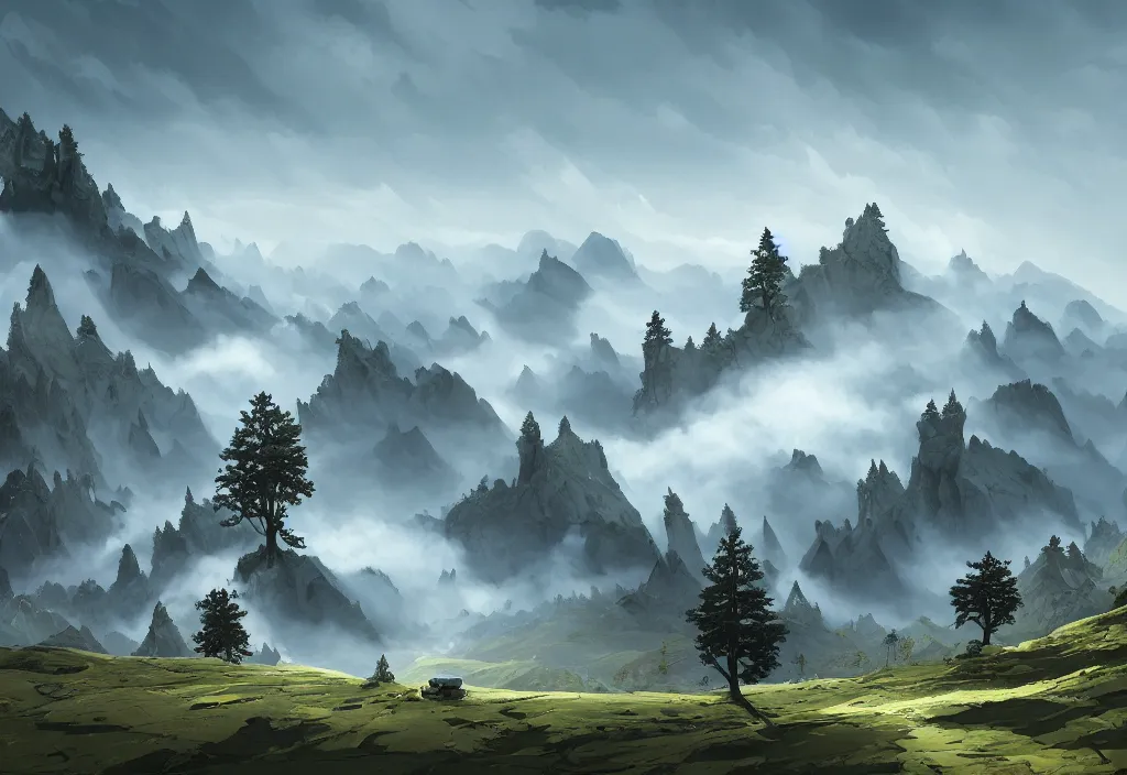 Image similar to mountain landscape without people, high trees, top of the hill, above low layered clouds, deep focus, fantasy, intricate, elegant, highly detailed, digital painting, artstation, concept art, matte, sharp focus, illustration, hearthstone, art by rhads and artgerm and greg rutkowski and alphonse mucha. gediminas pranckevicius