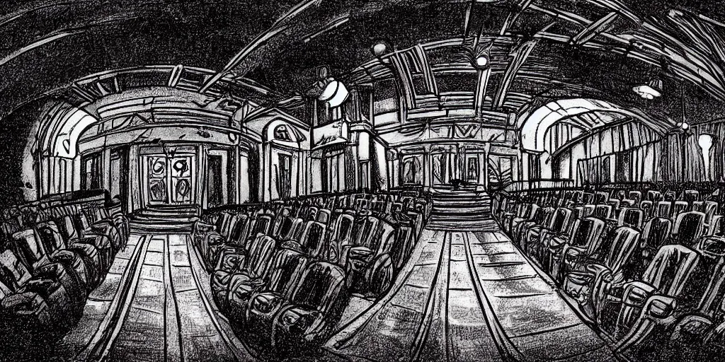 Image similar to a dimly lit, theater hall, 3 doors, 1 staircase, day of the tentacle style, drawn by Peter Chan, fish eye