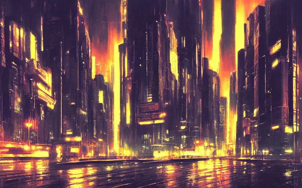 Image similar to futuristic city at night with rain, in the style of syd mead,