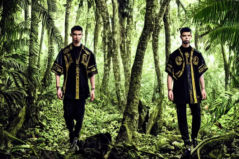 Image similar to versace avant garde male tunics intricate modern choatic textiles streetwear cyberpunk posing in the jungle woods cloudy overcast dark dramatic mysterious