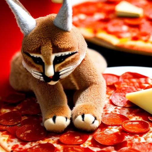 Image similar to a macro photo of cute fluffy caracal toy and a slice of pizza, cheese and pepperoni, hyper realistic, hyper detailed, 35mm, very grainy film, volumetric studio lighting, bokeh, black background award winning shot, vogue magazine, cinematic, 8k, very closeup, elegant, tender, pastel