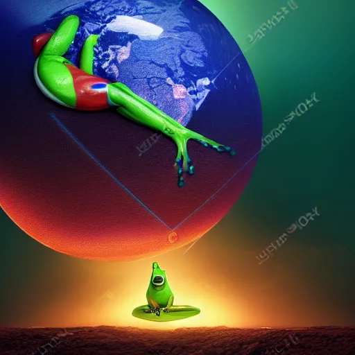 Image similar to a frog with muscles lifting planet earth over its head, octane render, cinematic rendering, dramatic lightning, visual effects, impressive, colorful, 8 k