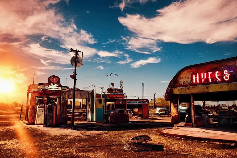 Image similar to a sunset light landscape with historical route 6 6, lots of sparkling details and sun ray ’ s, blinding backlight, smoke, volumetric lighting, colorful, octane, 3 5 mm, abandoned gas station, old rusty pickup - truck, beautiful epic colored reflections, very colorful heavenly, softlight