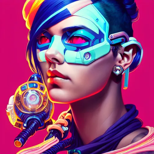 Prompt: high quality high detail portrait of a diesel punk jinx overwatch character, tristan eaton, victo ngai, artgerm, rhads, ross draws, hyperrealism, intricate detailed, alphonse mucha, 8 k, sci - fi, pastel colors, artstation,