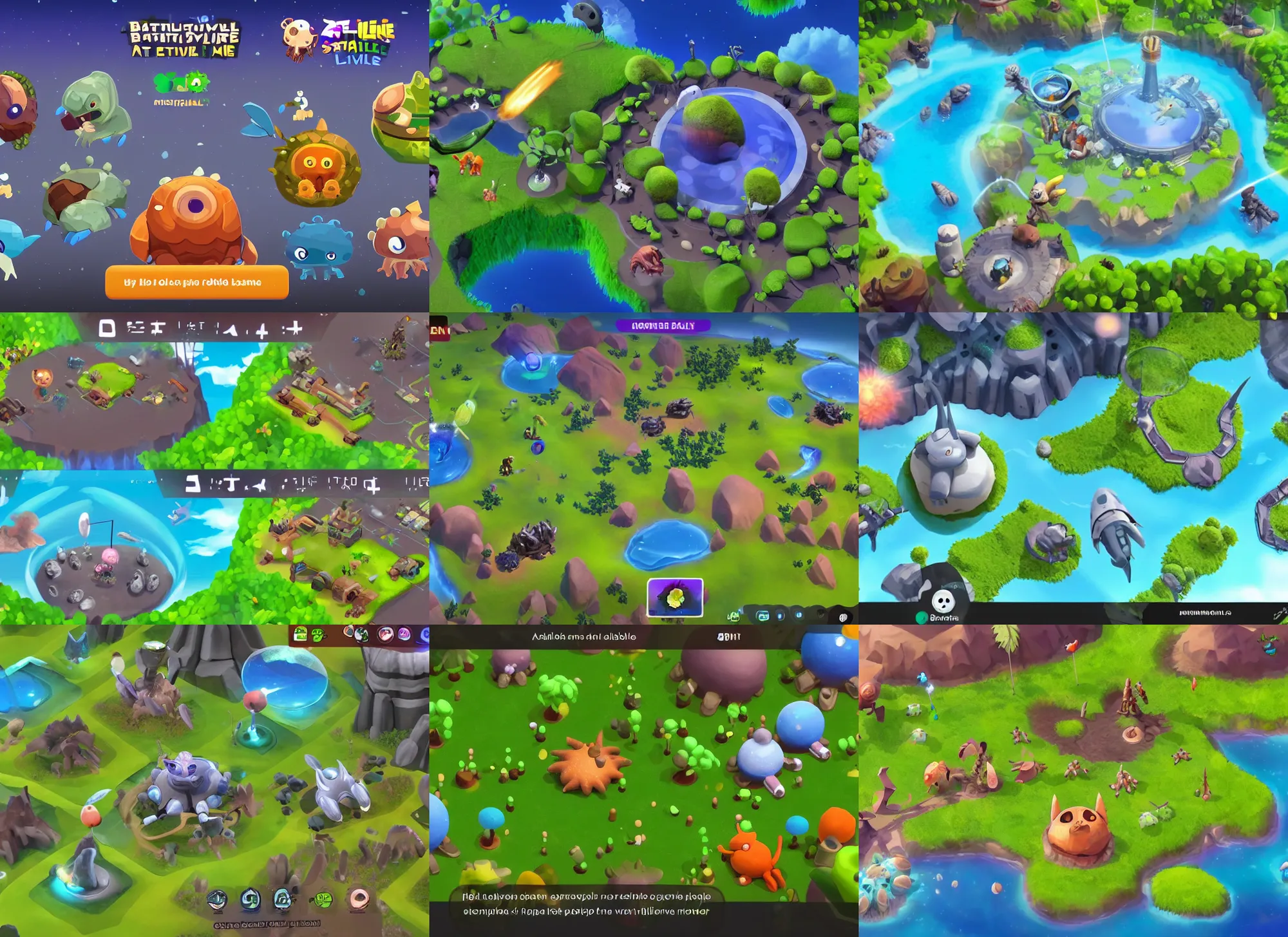 Prompt: mobile battle royale game about alien cute little animals that land on a planet with different biomes, craters, alien capsules, bushes in the visual style of Spore and Eternal Cylinder, world curvature, game overlay, hp mp stamina bars, very longshot, aerial view