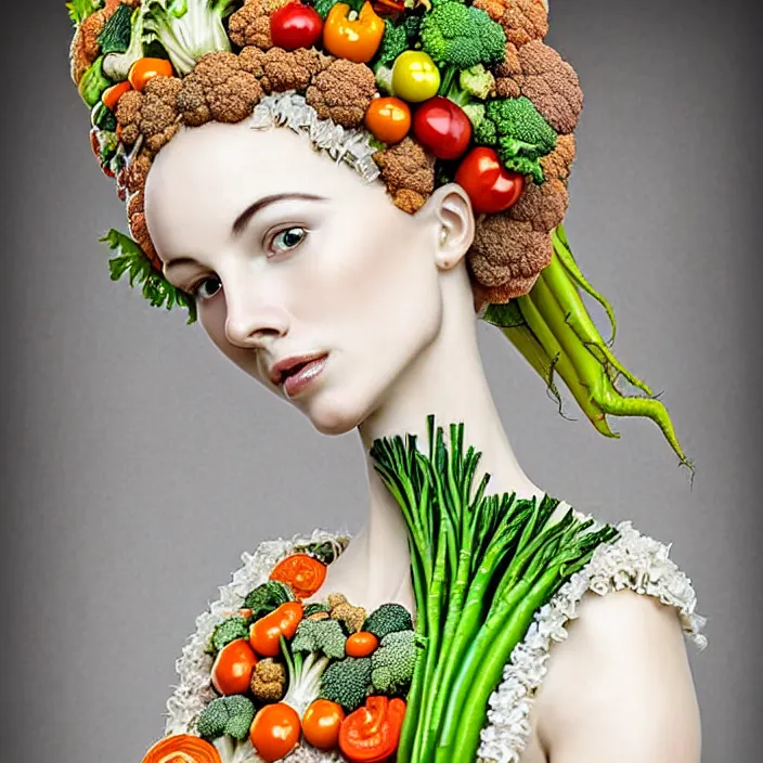 Prompt: Portrait of a beautiful woman like a queen-vegetables-angel, dressed in long elegant intricate ornamental vegetables white dress, natural skin tone, intricate fractal highly detailed vegetables ornament in the upper side of breast, bust with a very long neck , elegant, highly detailed intricate vegetables ornament in her long hair, Realistic, Refined, Highly Detailed, Cinematic pastel Lighting, fine art photography by Flora Borsi, volumetric lighting, hyper realistic photography, 8k