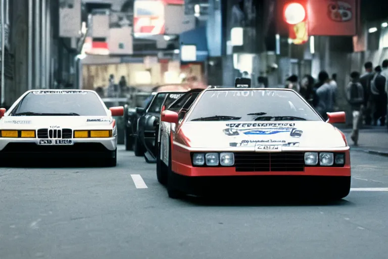 Prompt: single racecar 1 9 8 8 lancia 0 3 7, audi quattro, bmw m 1, movie still, vintage footage on tokyo streets, volumetric lighting, f 8 aperture, cinematic eastman 5 3 8 4 film