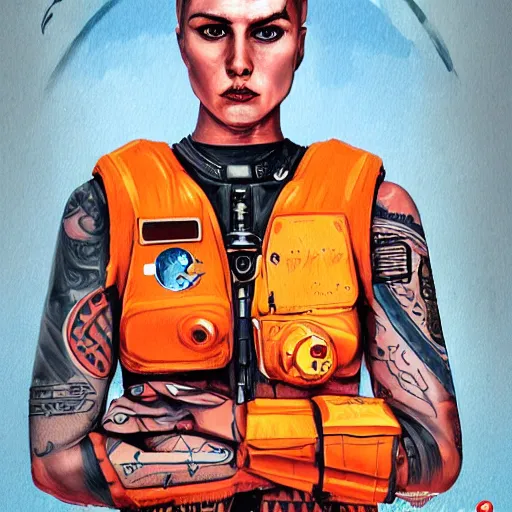 Image similar to character concept art of heroic stoic emotionless butch blond handsome woman space explorer with detailed tribal tattoos, very short slicked - back butch hair, narrow eyes, wearing atompunk jumpsuit, orange safety vest, retrofuture, highly detailed, science fiction, illustration, oil painting, realistic, lifelike, pulp sci fi, cinematic