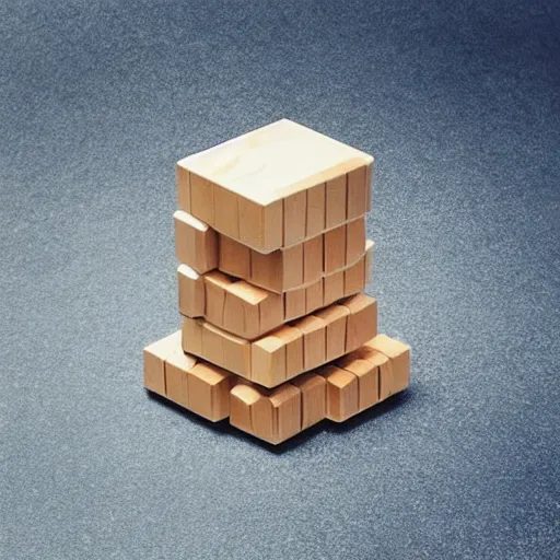Prompt: “isometric photo of a stack of identical wooden blocks…”
