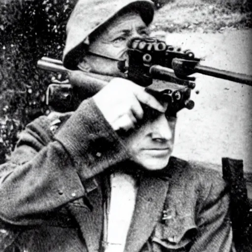 Image similar to old wartime photograph of bill gates holding a lewis gun, 1 9 1 7