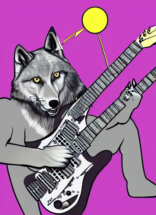 Prompt: digital art of a wolf playing an electric guitar while stepping on the amplifier with one foot.