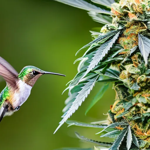 Image similar to beautiful hummingbird drinking from a marijuana plant, wildlife photography, highly detailed, high quality, 8 k, soft lighting,