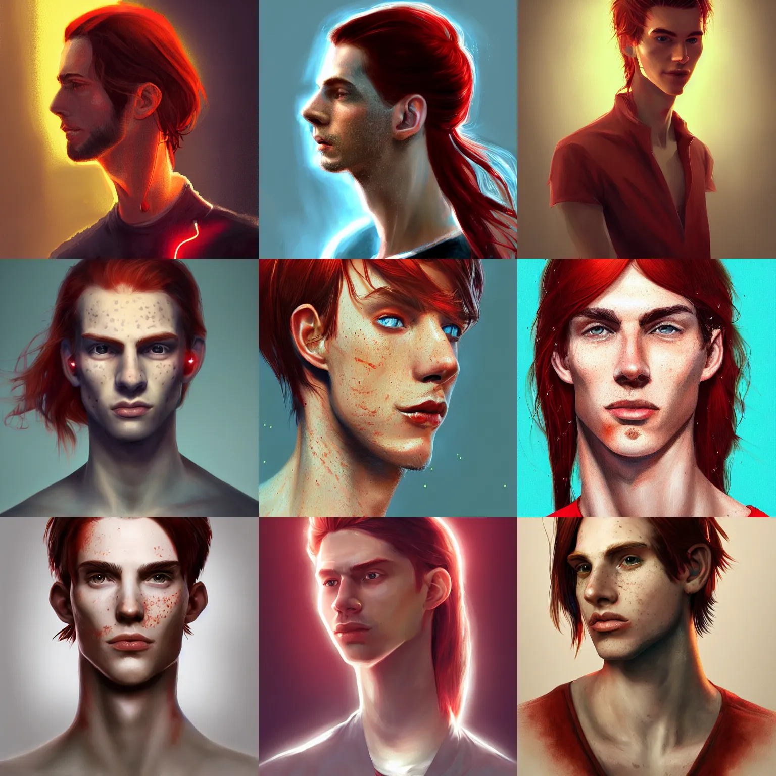 Image similar to portrait of a thin young man with long red hair, ponytail, a lot of freckles on his face, intricate, elegant, glowing lights, highly detailed, digital painting, artstation, concept art, smooth, sharp focus, illustration