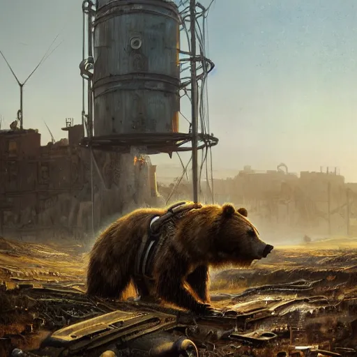 Prompt: a steampunk cyborg grizzly bear walking in a wasteland, abandoned barn in the background, collapsed water tower, painting by Greg Rutkowski, Felix Kelly and Syd Mead, high detail, atmospheric lighting, matte painting, 4k UHD