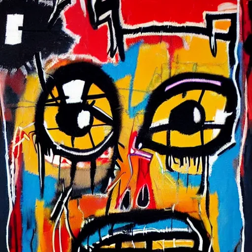 Image similar to gritty splattered punk painting of a geometric face with surprised expression, painted by basquiat. dark background. trending on artstation.