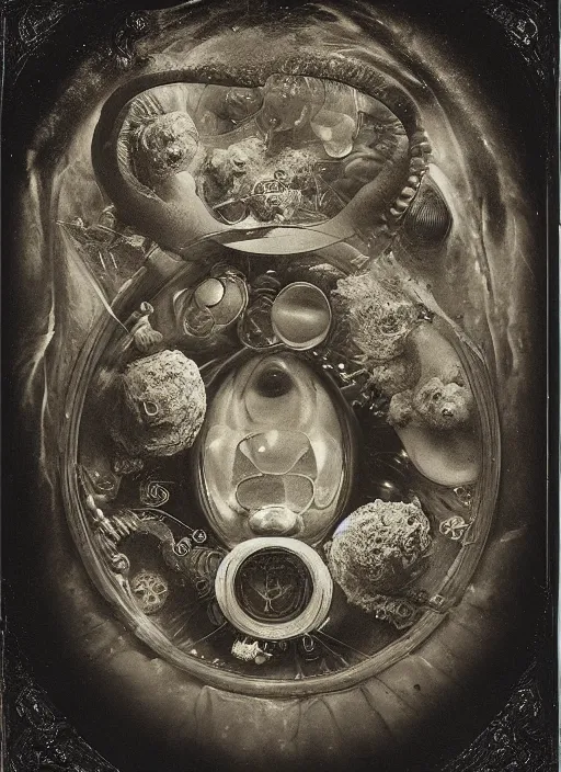 Image similar to old wetplate daguerreotype birth of artificial futuristic embryo life, fractal, intricate, elegant, highly detailed, parallax, leica, medium format, subsurface scattering, by jheronimus bosch and greg rutkowski and louis jacques mande daguerre