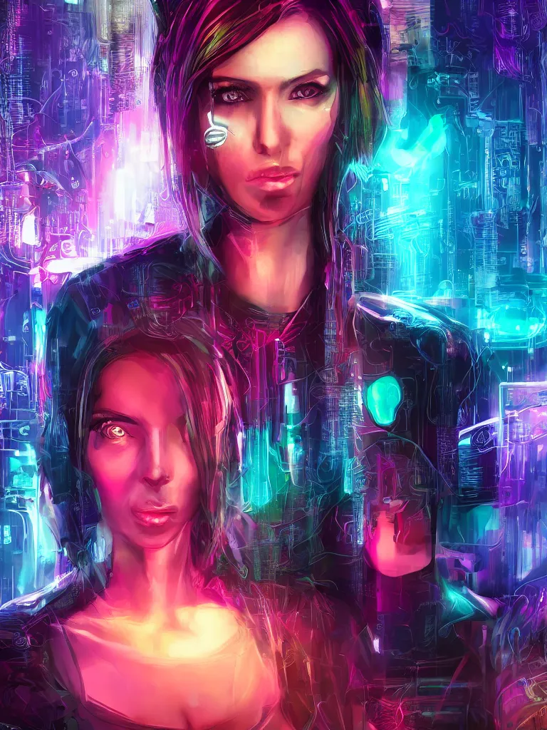 Image similar to Portrait, digital art, tarot style, a single woman with cyberpunk implants neon bright, complex neural pathways, realistic, ultra detailed, royalty, wlop style, antview, 4k, wallpaper,