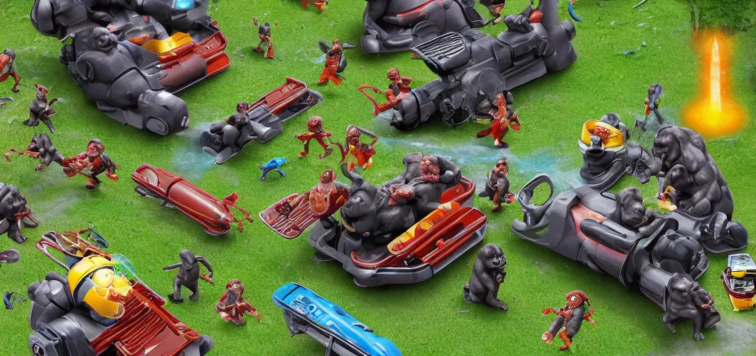 Prompt: intergalactic hotdog battlecruisers are attacking peaceful gorilla families in the city park, daytime, beautiful, families running in fear for their lives, hyper realistic, high definition, highly detailed